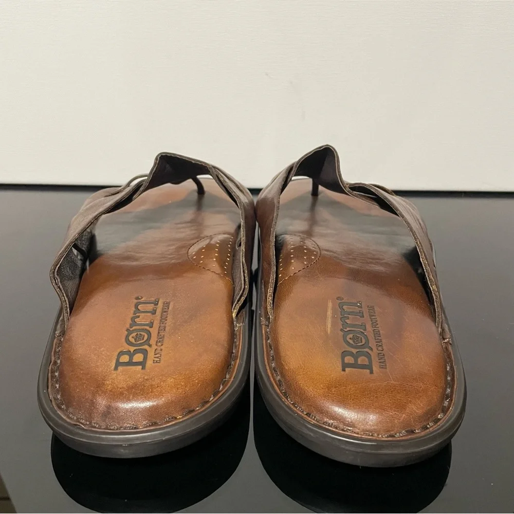 Born Men's 11 Dark Brown Leather Flip-Flops Sandals Crisscross Strap Handcrafted - Picture 4 of 10